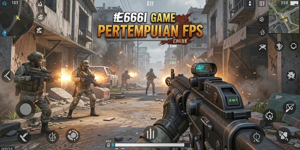 Screenshot 666I menampilkan aksi intens di medan perang FPS.