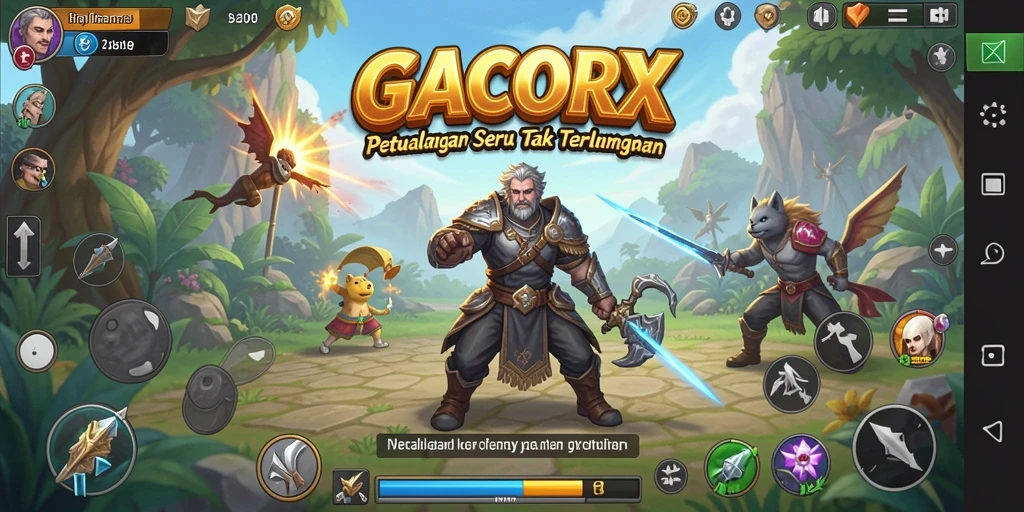 Screenshot GACORX menampilkan aksi petualangan yang seru dan lingkungan yang menakjubkan.
