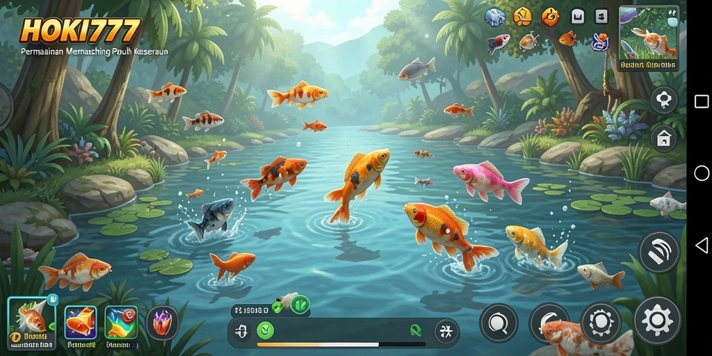 Tampilan gameplay HOKI777 saat menangkap ikan di danau.