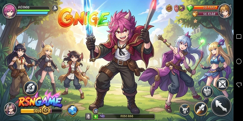 Tampilan seru gameplay RSNGAME dengan karakter anime yang menonjol.