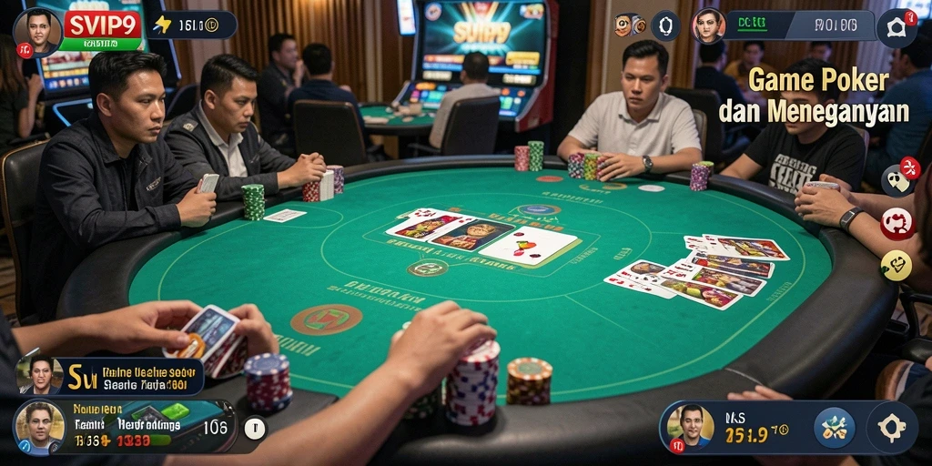 Screenshot menunjukkan gameplay menarik dari SVIP9 dengan pemain yang bersaing di meja poker.
