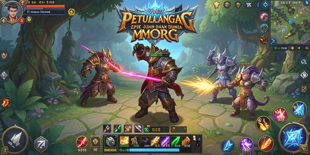 Screenshot gameplay VV62 menampilkan pertempuran epik di dunia fantasi.